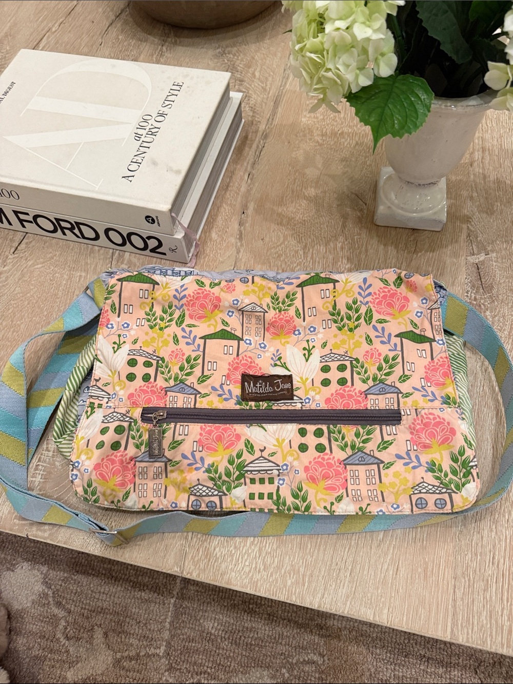 Matilda Jane Peach-Pink “Fullers Landing” messenger bag with Striped Strap